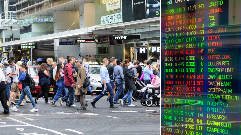 People cross a busy street in the Sydney CBD and the ASX board showing company price changes.