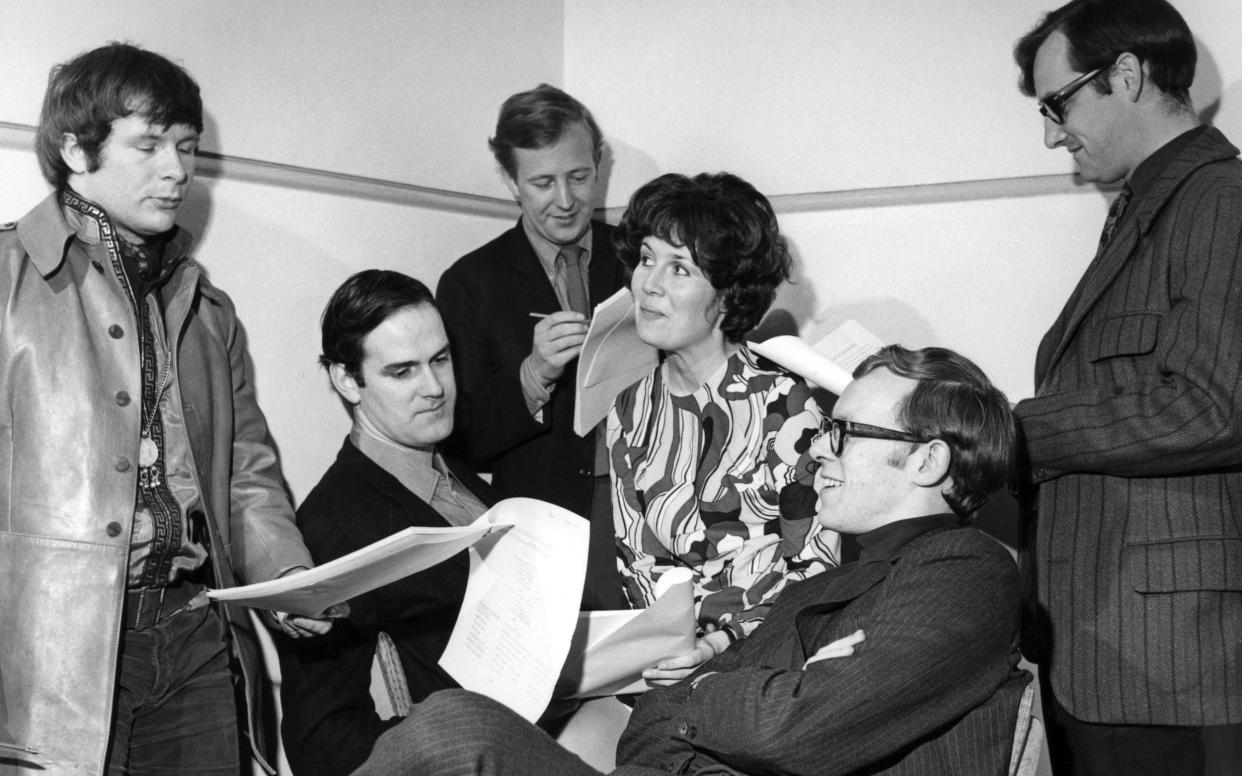 Jo Kendall in rehearsal with, from left, Bill Oddie, John Cleese, Tim Brooke-Taylor, Graeme Garden and the producer David Hatch: she forged a path for later female performers in radio comedy - BBC