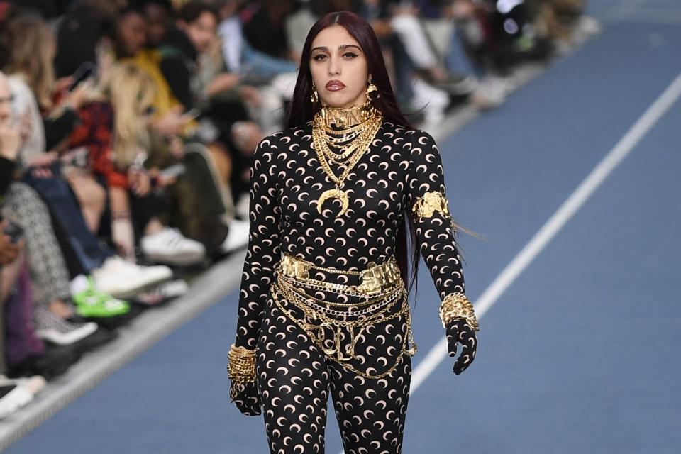 US singer-model Lourdes Leon presents a creation by Marine Serre during the Menswear Ready-to-wear Spring-Summer 2023 Fashion Week in Paris on June 25, 2022. (Photo by JULIEN DE ROSA / AFP) (Photo by JULIEN DE ROSA/AFP via Getty Images)