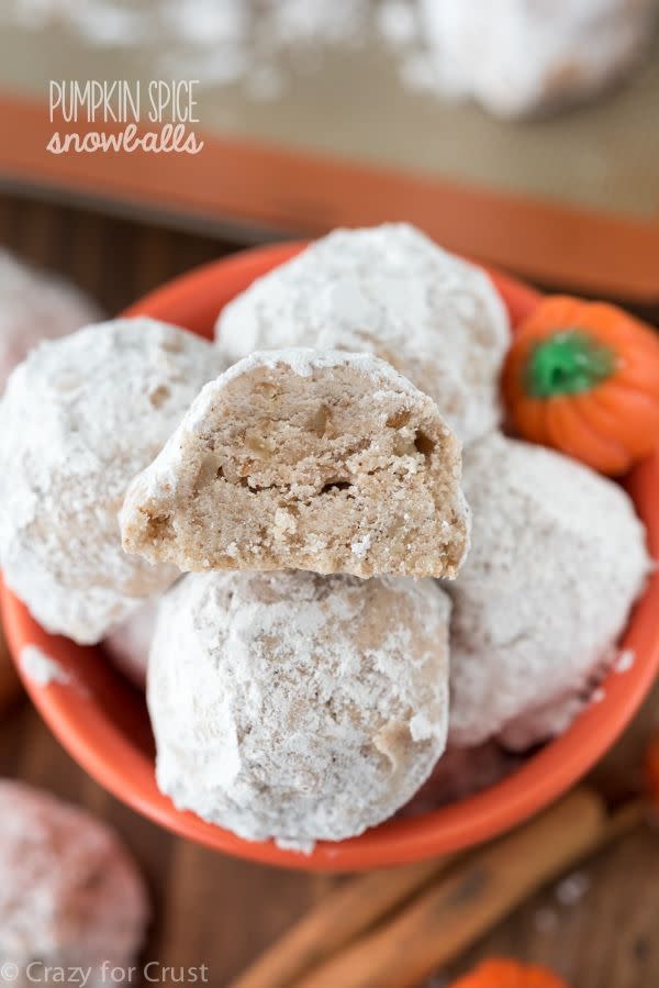 <p>Make pumpkin spice flavor with cinnamon, ginger, allspice, and nutmeg. Once combined with this cookie dough, you'll have a new variation of a holiday favorite.</p><p><strong>Get the recipe at <a href="http://www.crazyforcrust.com/2015/09/pumpkin-spice-snowballs/" rel="nofollow noopener" target="_blank" data-ylk="slk:Crazy for Crust;elm:context_link;itc:0;sec:content-canvas" class="link ">Crazy for Crust</a>.</strong></p>