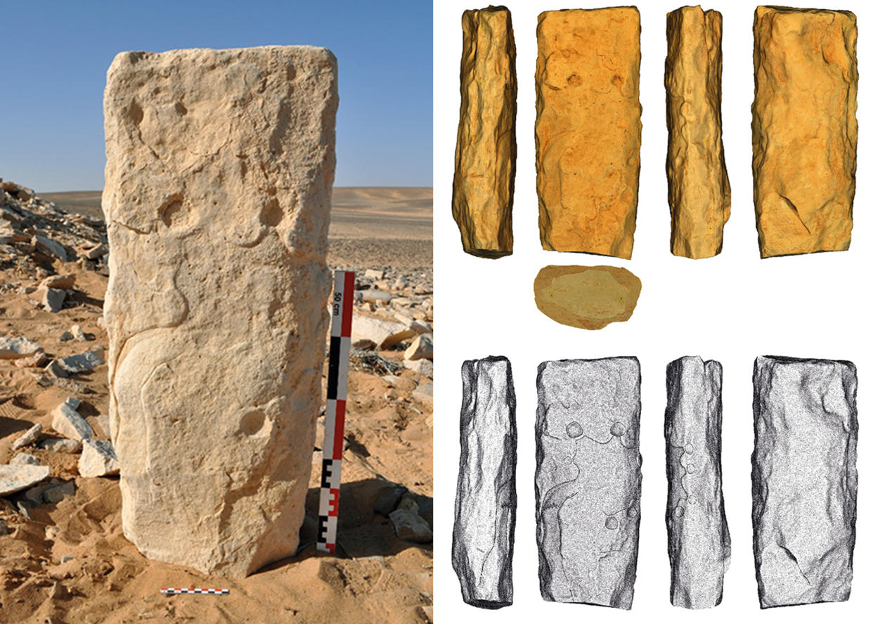 A monolith discovered at the Jibal al-Khashabiyeh site in the Jordanian desert, and 3D scans revealing engravings in greater detail.  (Plos.org)