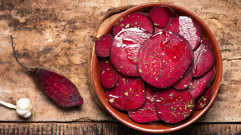 A bowl of sliced beets