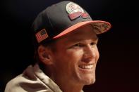 Tampa Bay Buccaneers quarterback Tom Brady attends a news conference after a practice session in Munich, Germany, Friday, Nov. 11, 2022. The Tampa Bay Buccaneers are set to play the Seattle Seahawks in an NFL game at the Allianz Arena in Munich on Sunday. (AP Photo/Matthias Schrader)