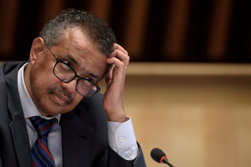 World Health Organization Director-General Tedros Adhanom Ghebreyesus attends a news conference in Geneva