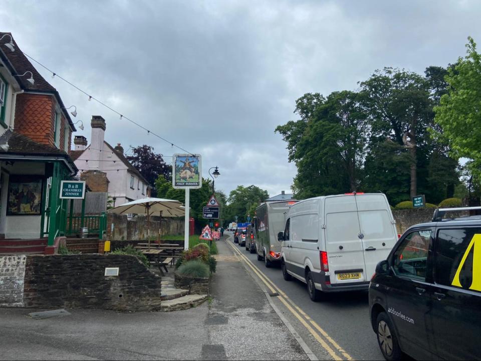 Roadworks at the petrol station can be seen in the distance from the Jolly Farmer pub (The Independent)