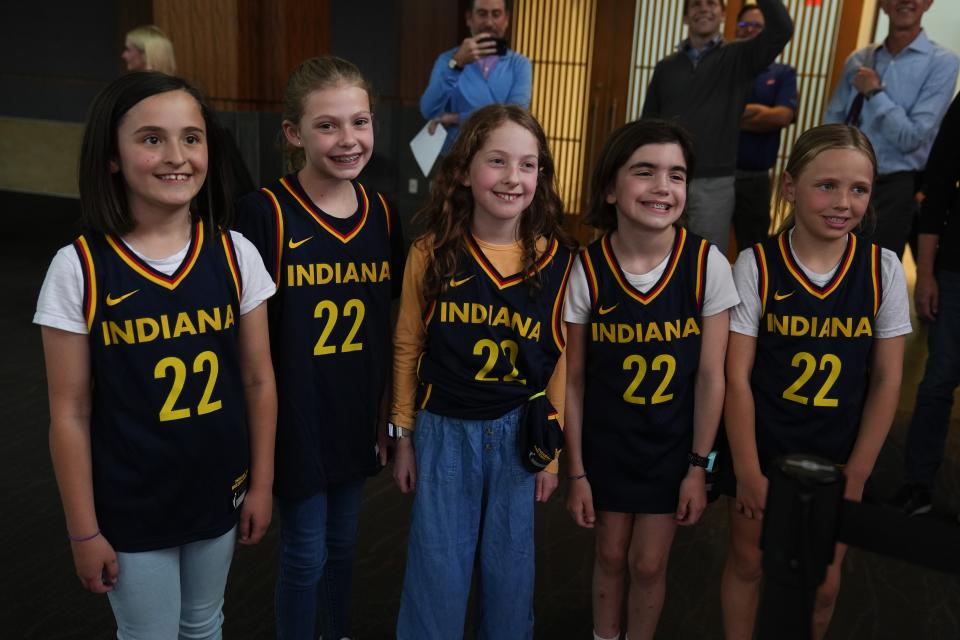 Young fans wait for Indiana Fever's Caitlin Clark to arrive on the Red Carpet before the world premiere and screening of Episode 1 of the upcoming ESPN+ Original Series Full Court Press, Monday, May 6, 2024, in Indianapolis. (AP Photo/Darron Cummings)