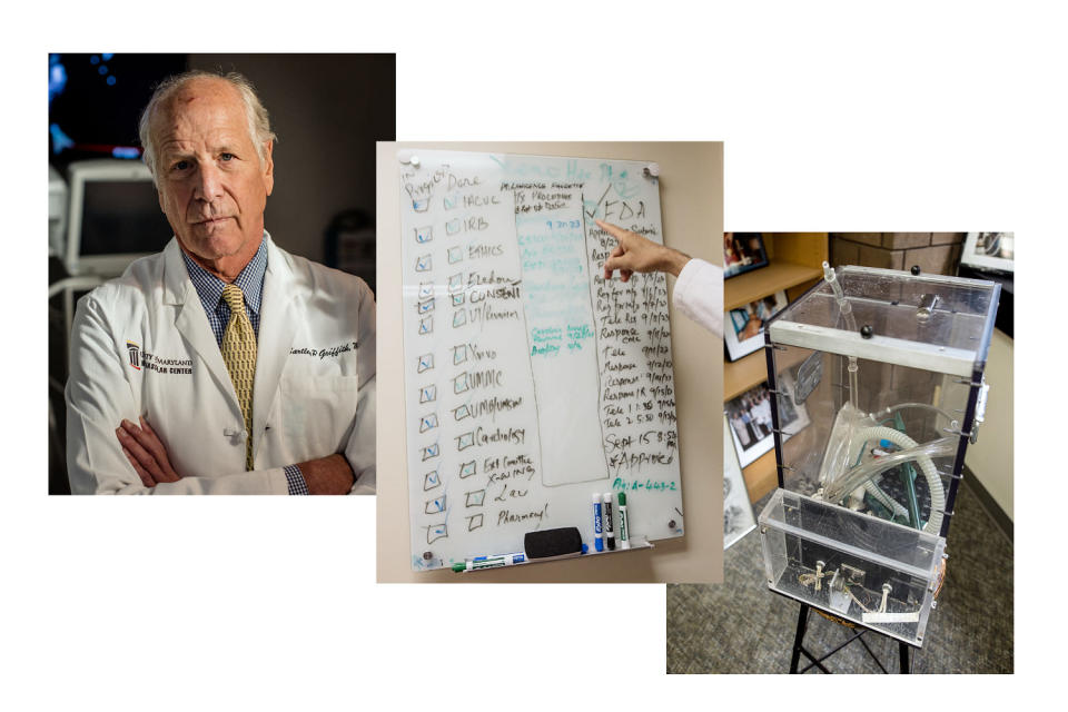 Left: Dr. Bartley Griffith at the University of Maryland School of Medicine. Middle: A checklist of approvals needed to perform a pig organ transplant, displayed in an office. Right: The box that Griffith and his colleagues created to transport a living pig heart. (Rosem Morton for NBC News)