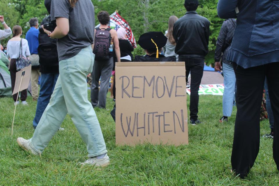 A sign calling for the termination of Indiana University President Whitten is seen at the pro-Palestine encampment in Dunn Meadow on April 29.