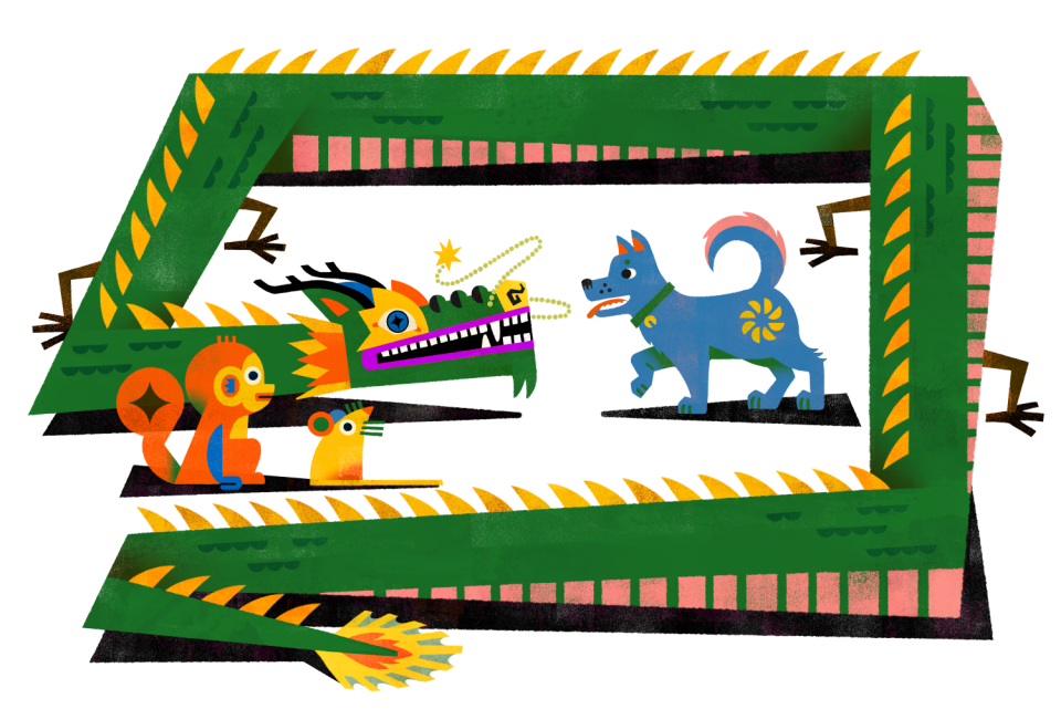 Illustrated zodiac animals: A green dragon confronting a dog while a monkey and rat watch nearby