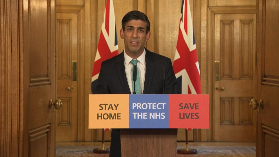 Chancellor Rishi Sunak speaks during a media briefing in Downing Street, London, on coronavirus (COVID-19). (Photo by PA Video/PA Images via Getty Images)