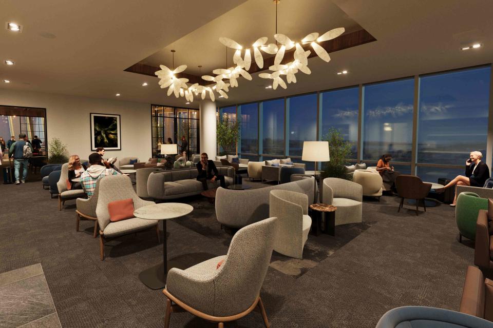 <p>Courtesy of American Express </p> Rendering of Amex Centurion Lounge at Newark Airport 