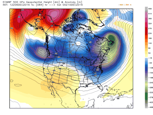 ECMWF model projection showing ultra-cold air (dark blue/green) associated with a lobe of the polar vortex rotating into the U.S.