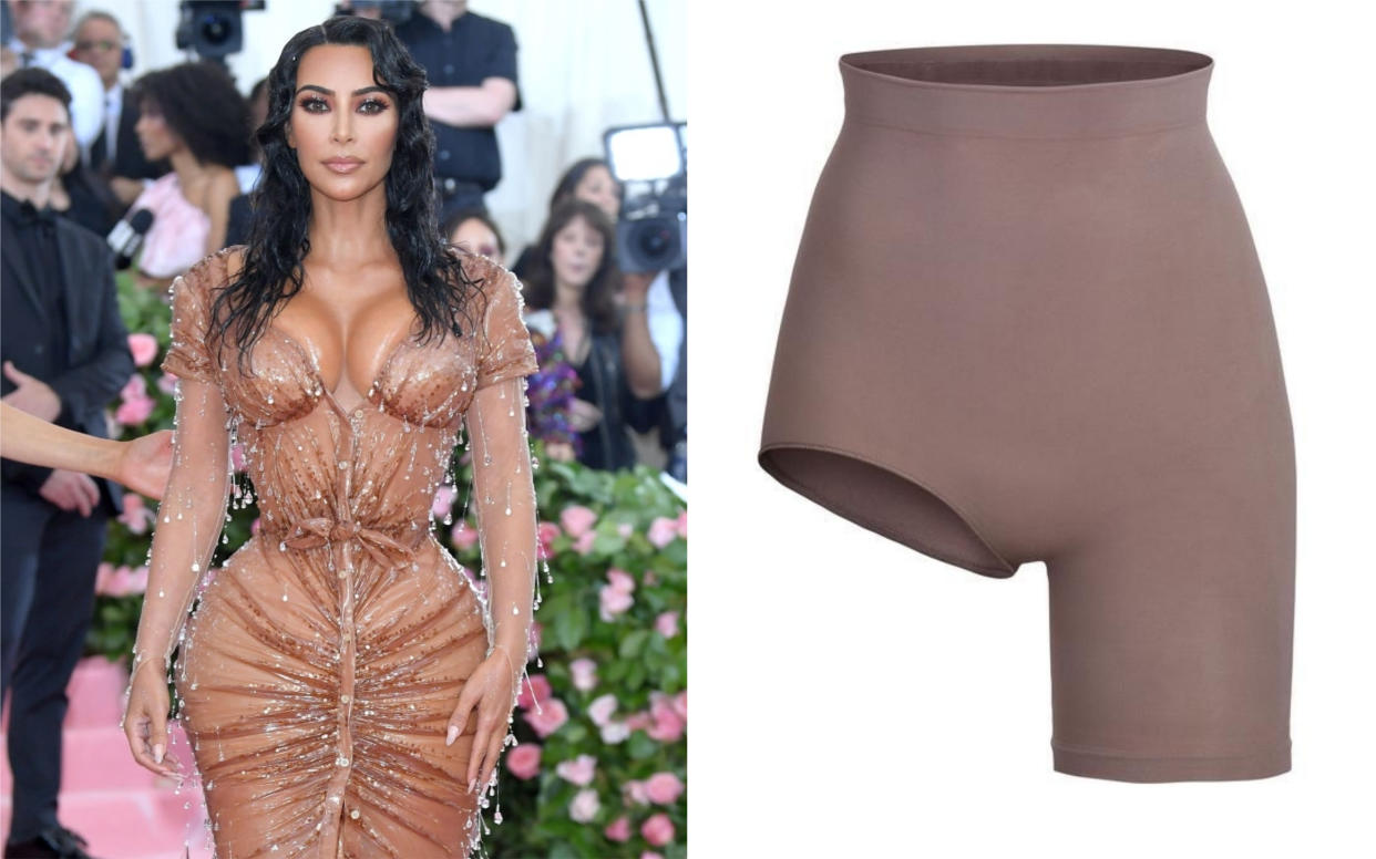 Zu Kim Kardashians Unterwäsche-Kollektion gehört auch eine asymmetrisch geschnittene Radlerhose. (Foto: Getty/Skims)