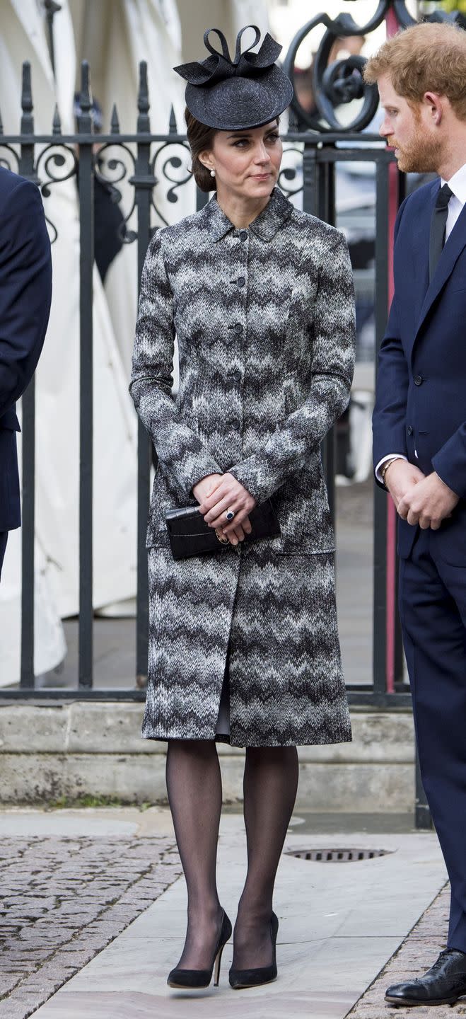 <p>In a black and white patterned Missoni coat dress, black fascinator hat and sheer black tights with black suede pumps, a crocodile leather wallet and pearl drop earrings while attending the Service of Hope at Westminster Abbey that honored those that lost their lives in the recent terror attack in London.</p><p><br></p>