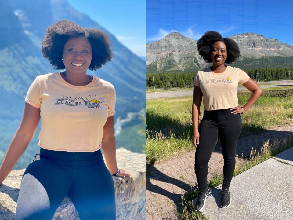Ashley Nealy montana (in front of mountains on both left and right)