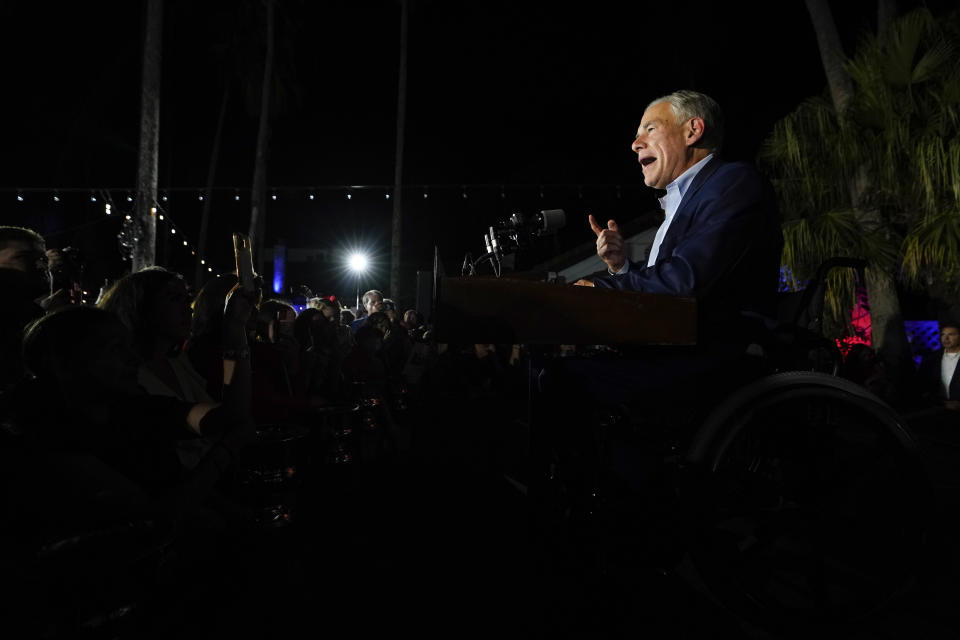 Texas Gov. Greg Abbott speaks during an election night campaign event Tuesday, Nov. 8, 2022, in McAllen, Texas. (AP Photo/David J. Phillip)