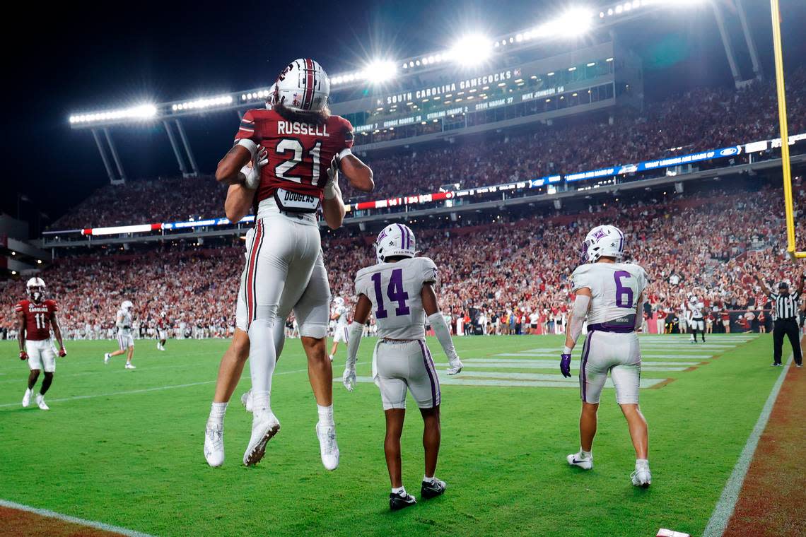 South Carolina wide receiver Tyshawn Russell (21) scores against Furman at Williams-Brice Stadium on Saturday, September 9, 2023.