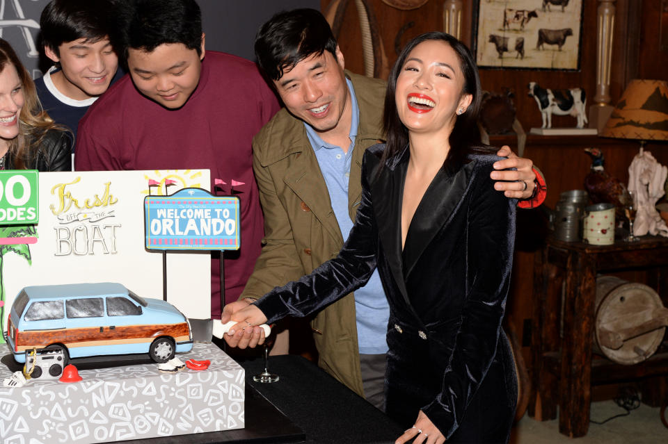 LOS ANGELES, CALIFORNIA - FEBRUARY 27: (L-R) Forrest Wheeler, Hudson Yang, Randall Park and Constance Wu attend the 'Fresh Off The Boat' 100th episode ABC celebration at Fox Studios on February 27, 2019 in Los Angeles, California. (Photo by Andrew Toth/Getty Images)