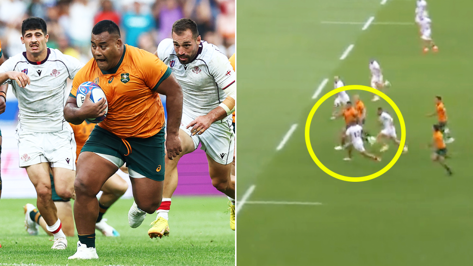 Taniela Tupou (pictured) provided the try assist of the World Cup so far for the Wallabies. (Images: Getty Images/Stan Sport)