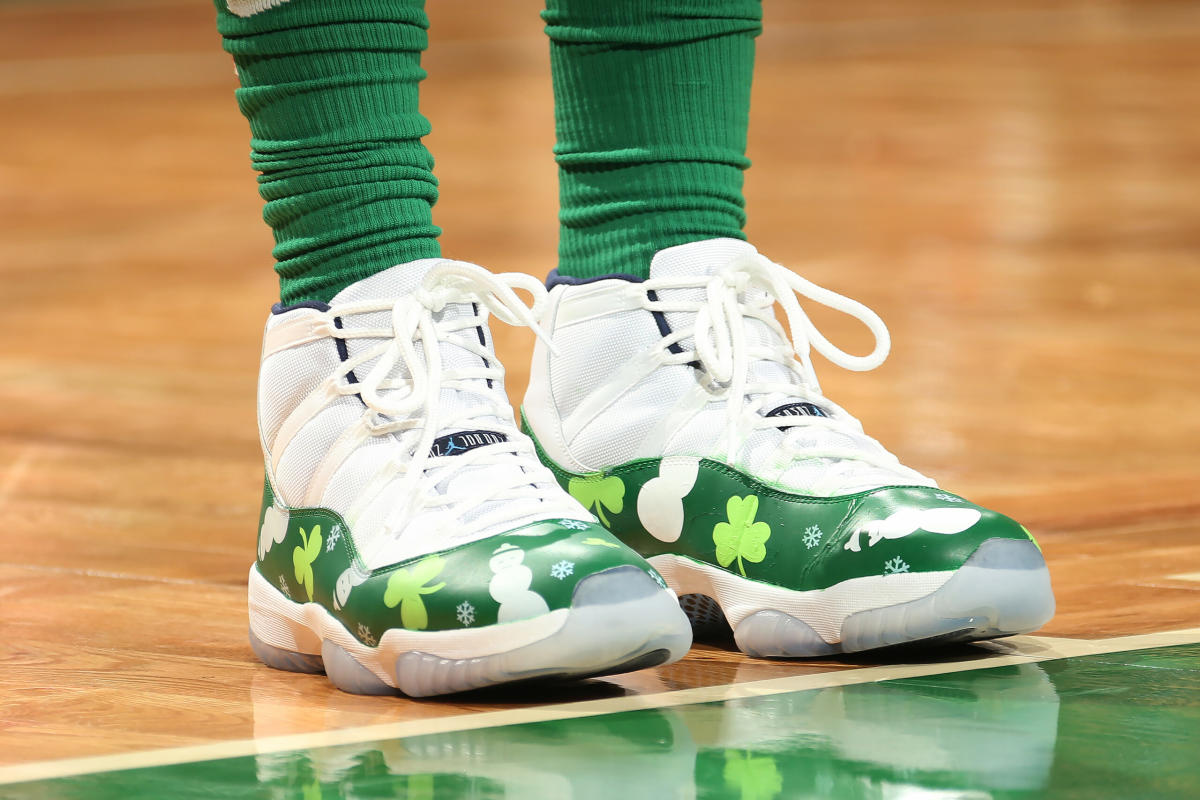 Boston Celtics' Jayson Tatum's Jordan 36 PE No Guac shoes are seen during  the second quarter of an NBA basketball game between the Boston Celtics and  the Cleveland Cavaliers Friday, Oct. 28