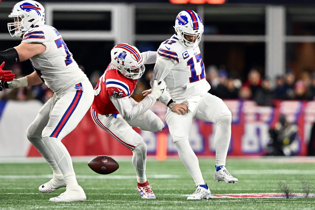 Patriots edge rusher Josh Uche forcing a Josh Allen fumble in the 2022 game at New England.