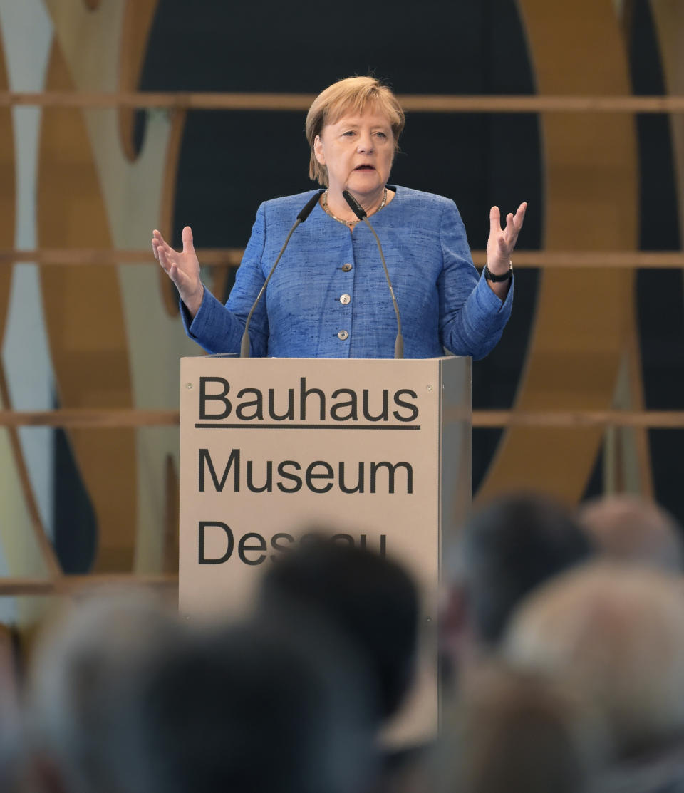 German Chancellor Angela Merkel speaks during the official opening of the new Bauhaus Museum, built for the centenary of the founding of the Bauhaus, in Dessau, Germany Sunday, Sept. 8, 2019. (AP Photo/Jens Meyer)
