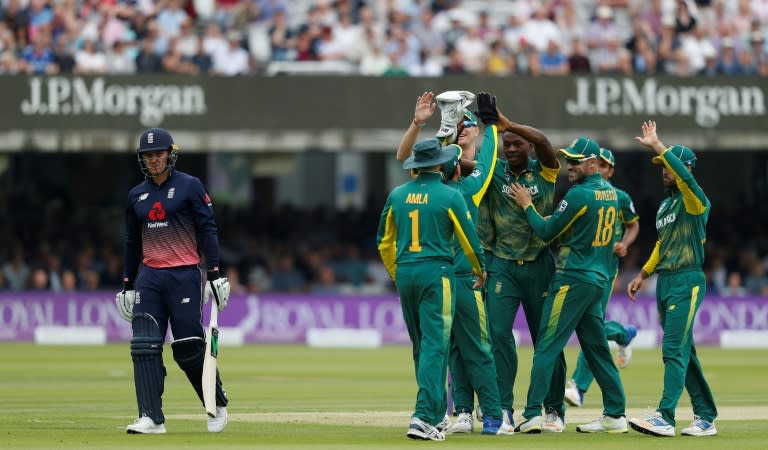 South African players celebrate the dismissal of England's Jason Roy (left) during the third one-day international at Lord's in London, on May 29, 2017