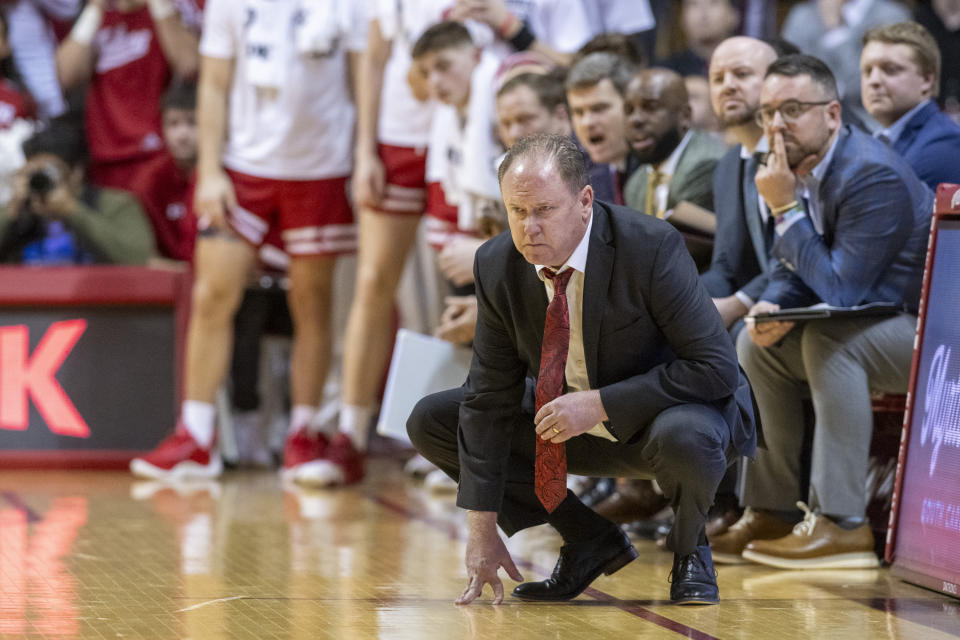 Wisconsin head coach Greg Gard concentrates on game play during the second half of an NCAA college basketball game against Indiana, Tuesday, Feb. 27, 2024, in Bloomington, Ind. (AP Photo/Doug McSchooler)