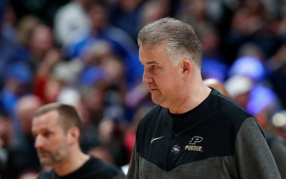 Purdue Boilermakers head coach Matt Painter walks off the court after the NCAA MenÕs Basketball Tournament game, Friday against the Fairleigh Dickinson Knights, March 17, 2023, at Nationwide Arena in Columbus, Ohio. Fairleigh Dickinson Knights won 63-58.