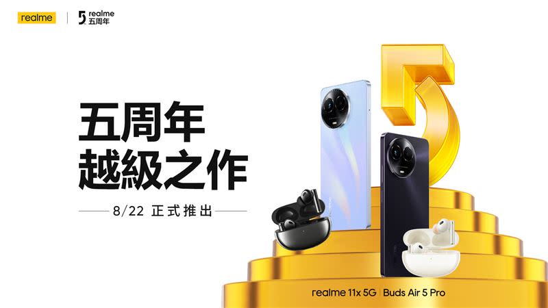 realme將於五周年之際推出越級之作realme 11x 5G與Buds Air 5 Pro。（圖／品牌提供）