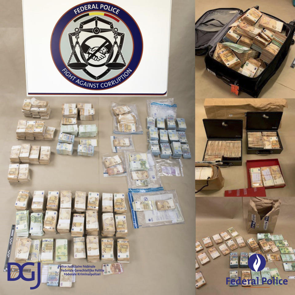 In this photo provided by the Belgian Federal Judicial Police on Wednesday, Dec. 14, 2022, a portion of the 1.5 million euro dollars found and seized by Belgian police in Brussels. (Belgian Federal Judicial Police via AP)