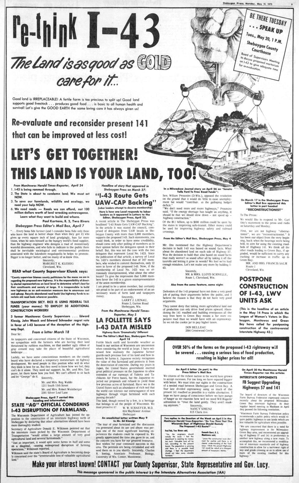 FILE - The group protesting Interstate 43 proposed location took out a full page in The Sheboygan Press, May 19, 1975, detailing the situation from their point of view.