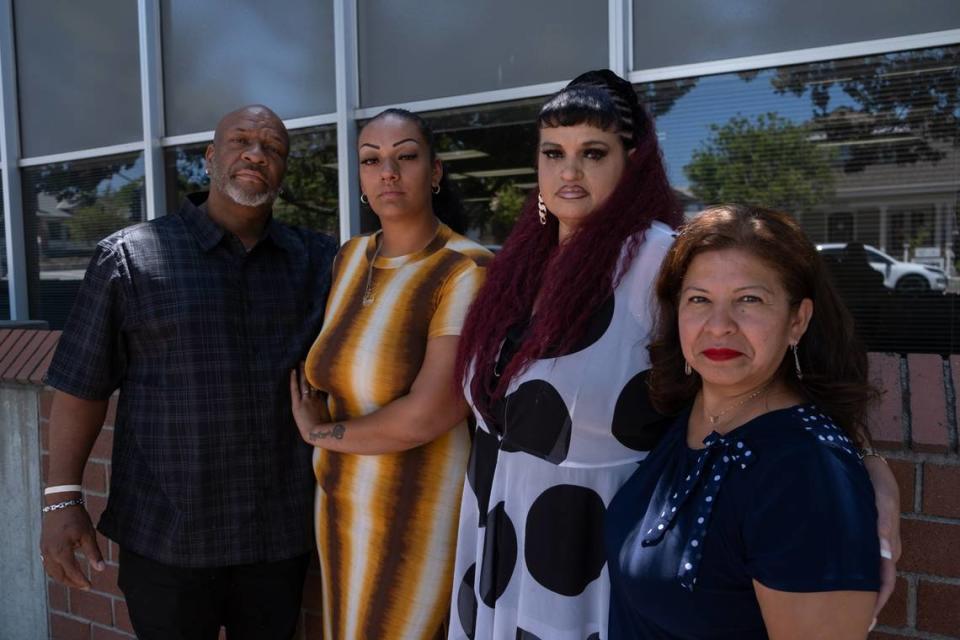 (From left to right) Geary Perry, Tierra Perry, Kelly Perry and Alix Johnson outside of the San Luis Obispo Superior Court on June 21, 2022. Trevon Perry, who was brutally killed in March 2020, was Geary and Kelly Perry’s son. His killer, Nicholas Ron, was sentenced to 28 years to life on June 21, 2022.