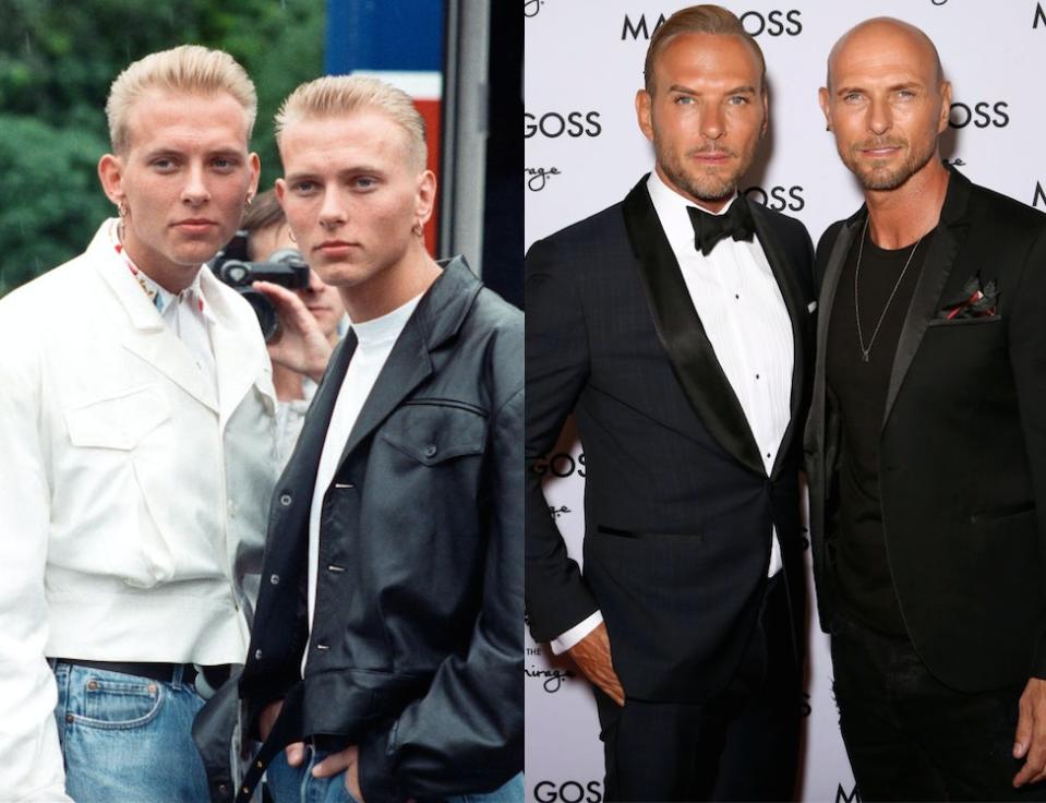 Matt and Luke Goss caused mass hysteria in the 80s. pictured left in 1988 and right in 2019. (Getty)