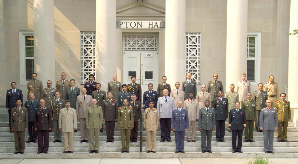 This undated 2006 photograph provided by the U.S. Army War College photo lab shows Egyptian Maj. Gen. Abdel-Fattah el-Sissi, center row, fifth from left, in a group photo of the International Fellows class of 2006 in Carlisle, Pennsylvania. The head of Egypt’s military, Abdel-Fattah el-Sissi, is riding on a wave of popular fervor that is almost certain to carry him to election as president. Unknown only two years ago, a broad sector of Egyptians now hail him as the nation’s savior after he ousted the Islamists from power, and the state-backed personality cult around him is so eclipsing, it may be difficult to find a candidate to oppose him if he runs. Still, if he becomes president, he faces the tough job of ruling a deeply divided nation that has already turned against two leaders.(AP Photo/U.S. Army War College photo lab)