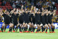 New Zealand perform a haka ahead of the Rugby Championship test match between the All Blacks and the Pumas in Brisbane, Australia, Saturday, Sept. 18, 2021. (AP Photo/Tertius Pickard)