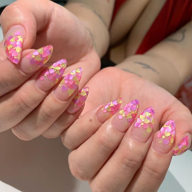 <p>This layered heart decal manicure looks best on long, pointy nails. </p><p><a href="https://www.instagram.com/p/BxYP-VPgO8X/" rel="nofollow noopener" target="_blank" data-ylk="slk:See the original post on Instagram;elm:context_link;itc:0;sec:content-canvas" class="link ">See the original post on Instagram</a></p>