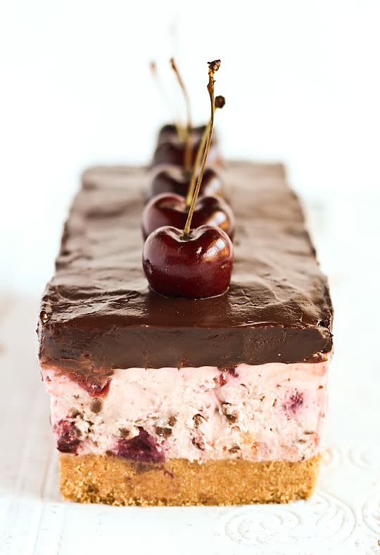 <p>We have no restraint when it comes to cheesecake, cherries, and chocolate.</p><p>Get the recipe from <a href="http://www.raspberricupcakes.com/2012/02/chocolate-chip-cherry-cheesecake.html" rel="nofollow noopener" target="_blank" data-ylk="slk:Raspberri Cupcakes;elm:context_link;itc:0;sec:content-canvas" class="link ">Raspberri Cupcakes</a>.</p>