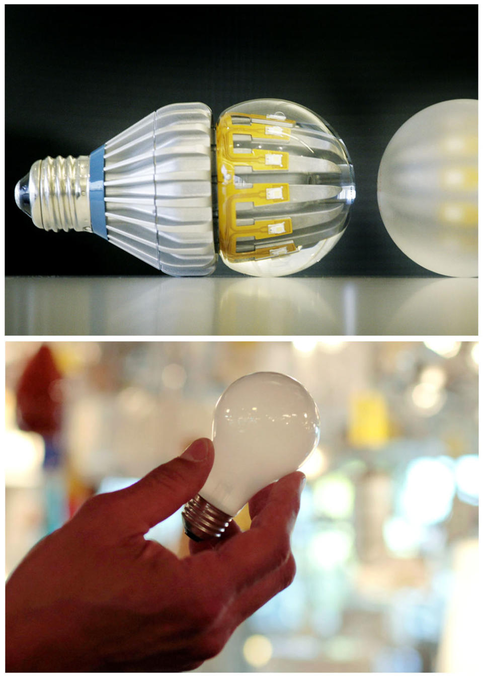 FILE -This combination of Associated Press file photos shows, top, Switch75 light LED bulbs in clear and frosted, on Tuesday, Nov. 8, 2011 in New York and a 100-watt incandescent light bulb at Royal Lighting in Los Angeles on Jan. 21, 2011. LEDs use 70 percent to 80 percent less power than incandescent light bulbs. According to the Energy Department, widespread use of LED bulbs could save the output of the equivalent of 44 large power plants by 2027. (AP Photo/File)