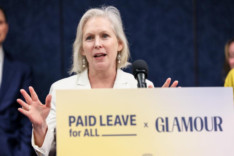 Senator Kirsten Gillibrand (D-N.Y.) speaks at the press conference rally hosted by Paid Leave for All and Glamour.