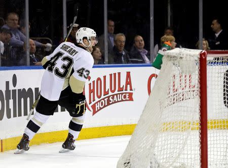 Pittsburgh Penguins left wing Conor Sheary (43) celebrates after scoring a goal during the first period in game four of the first round of the 2016 Stanley Cup Playoffs against the New York Rangers at Madison Square Garden. Mandatory Credit: Adam Hunger-USA TODAY Sports