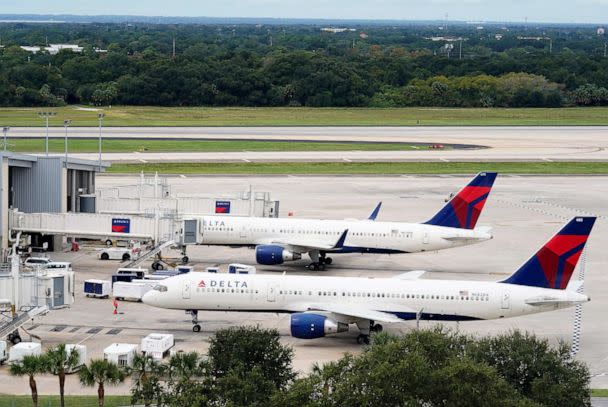 PHOTO: A Delta Airlines Boeing 757 pushes back from the gate at the Tampa International Airport Tuesday, in Tampa, Fla., Sept. 27, 2022. (Chris O'meara/AP)