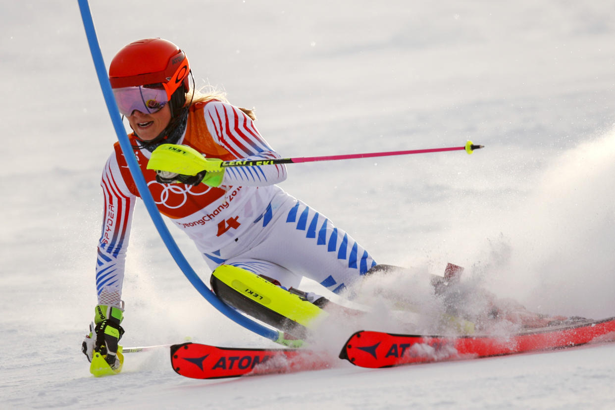 Mikaela Shiffrin skis during the first run of the women’s slalom at the 2018 Winter Olympics in PyeongChang, South Korea. (AP)