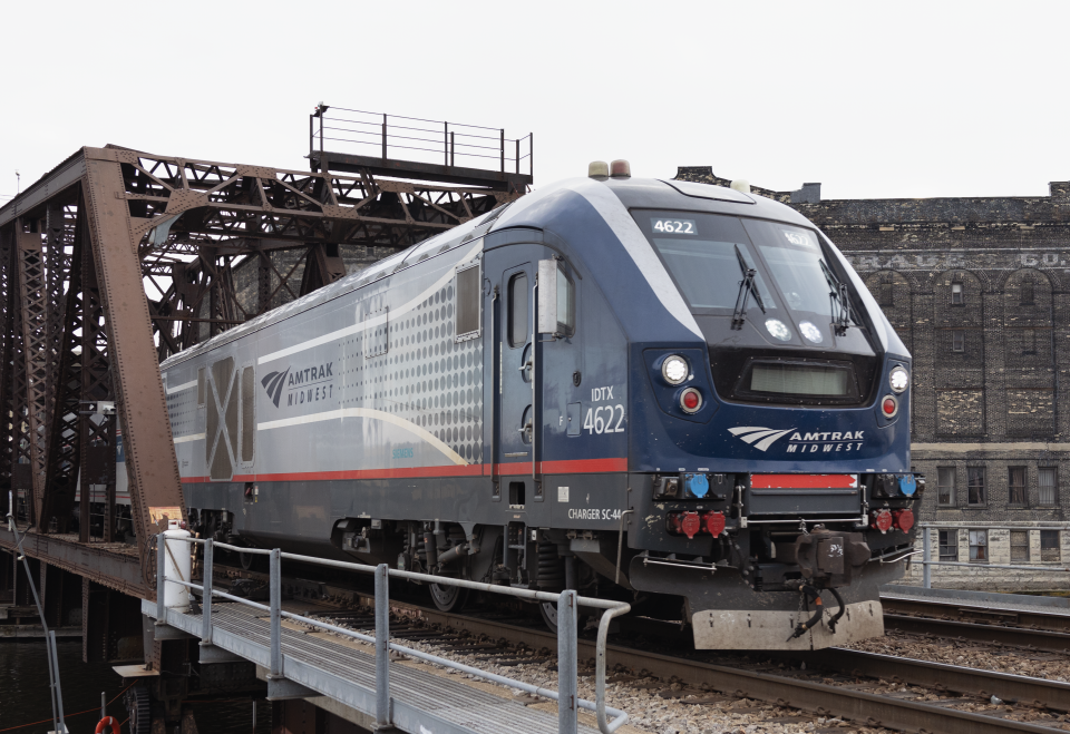 An Amtrak train travels through Milwaukee on its way to the Milwaukee Intermodal Station on Wednesday, December 6, 2023.