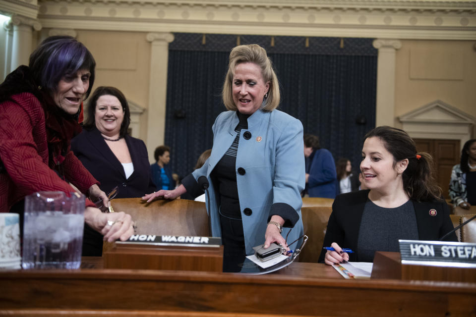 UNITED STATES - JANUARY 28: Reps. Rosa DeLauro, D-Conn., left, Ann Wagner, R-Mo., center, and Elise Stefanik, R-N.Y., prepare to testify during a House Ways and Means Committee hearing on legislative proposals for paid family and medical leave in Longworth Building on Tuesday, January 28, 2020. (Photo By Tom Williams/CQ-Roll Call, Inc via Getty Images)