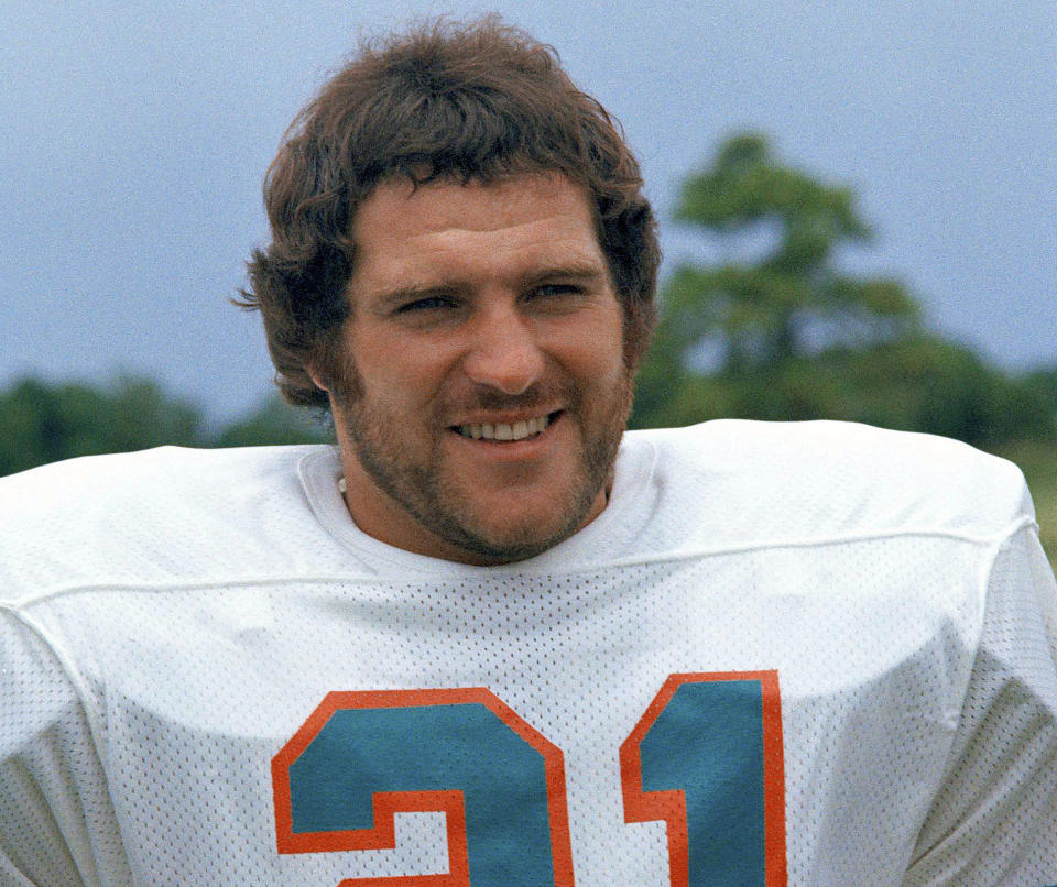 FILE - In this 1973 file photo, Miami Dolphins running back Jim Kiick poses for a photo. Former running back Kiick, who helped the Dolphins achieve the NFL’s only perfect season in 1972, has died at age 73. In recent years Kiick battled memory issues and lived in an assisted living home, and the team announced his death Saturday, June 20, 2020. (AP Photo/GB, File)