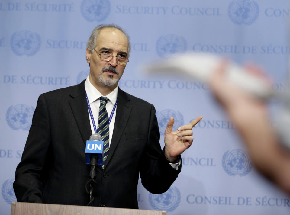 Syria's Ambassador to the United Nations Bashar Jaafari speaks to reporters after a Security Council meeting at U.N. headquarters, Monday, Dec. 19, 2016. The U.N. Security Council has unanimously approved a resolution urging immediate deployment of United Nations monitors to former rebel-held eastern Aleppo, which France says is critical to prevent "mass atrocities" by Syrian forces, and especially militias. (AP Photo/Seth Wenig)