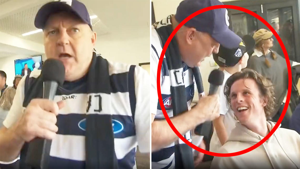 Cats legend Billy Brownless' interview with injured Geelong star Max Holmes did not go down well. Pic: Ch9