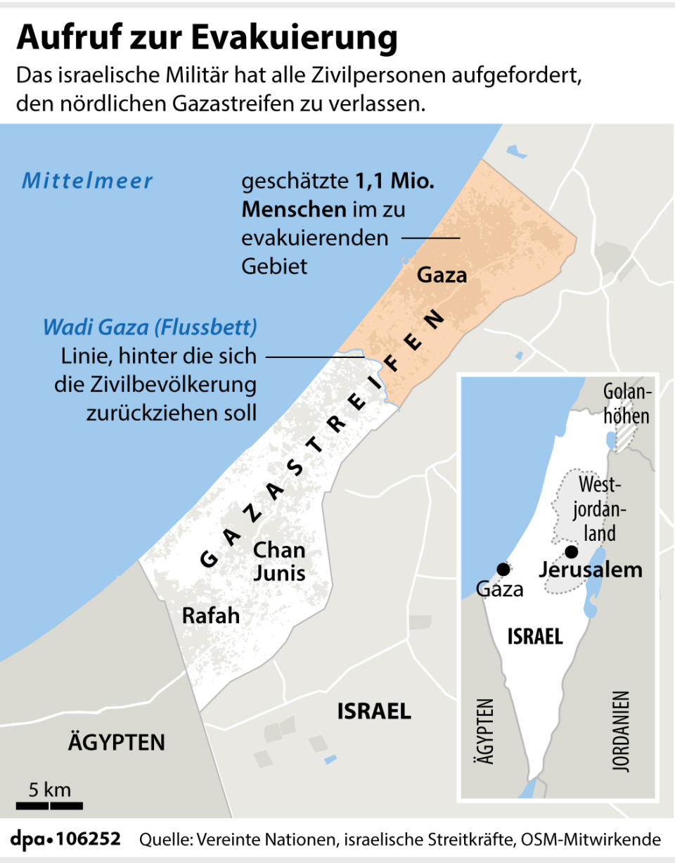 Israelischer Evakuierungsplan für Gaza. (Redaktion: D. Loesche; Grafik: F. Bökelmann)
