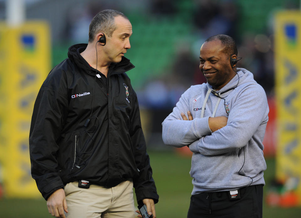 Harlequins director of rugby Conor O'Shea (left) with Assistant First Team Coach Collin Osborne   (Photo by Andrew Matthews/PA Images via Getty Images)